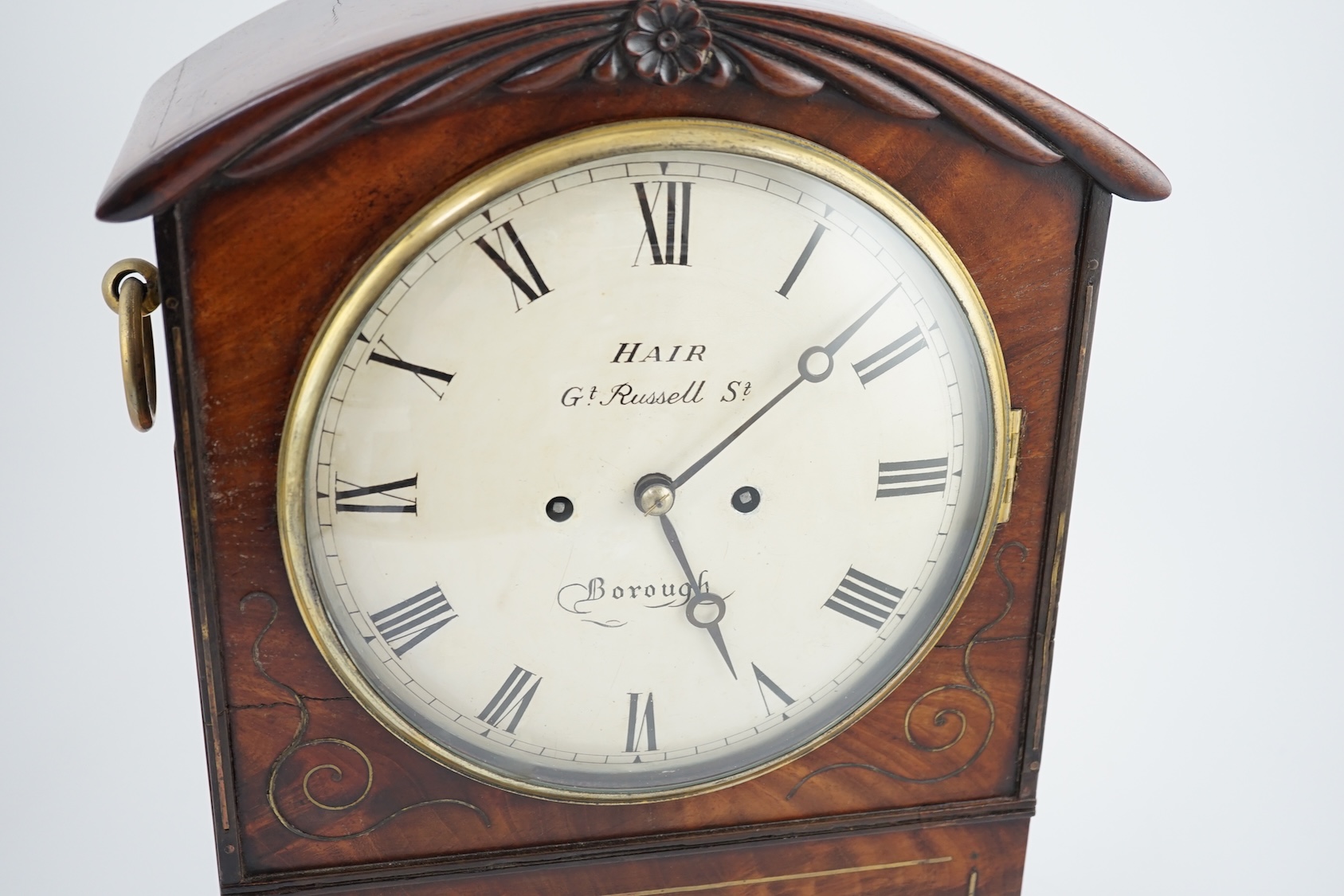 Hair, Gt Russell St. Borough - a Regency brass strung mahogany eight day bracket clock, with painted Roman dial and brass ring handles, unsigned twin fusee movement with anchor escapement, 30cm wide, 17cm deep, 43cm high